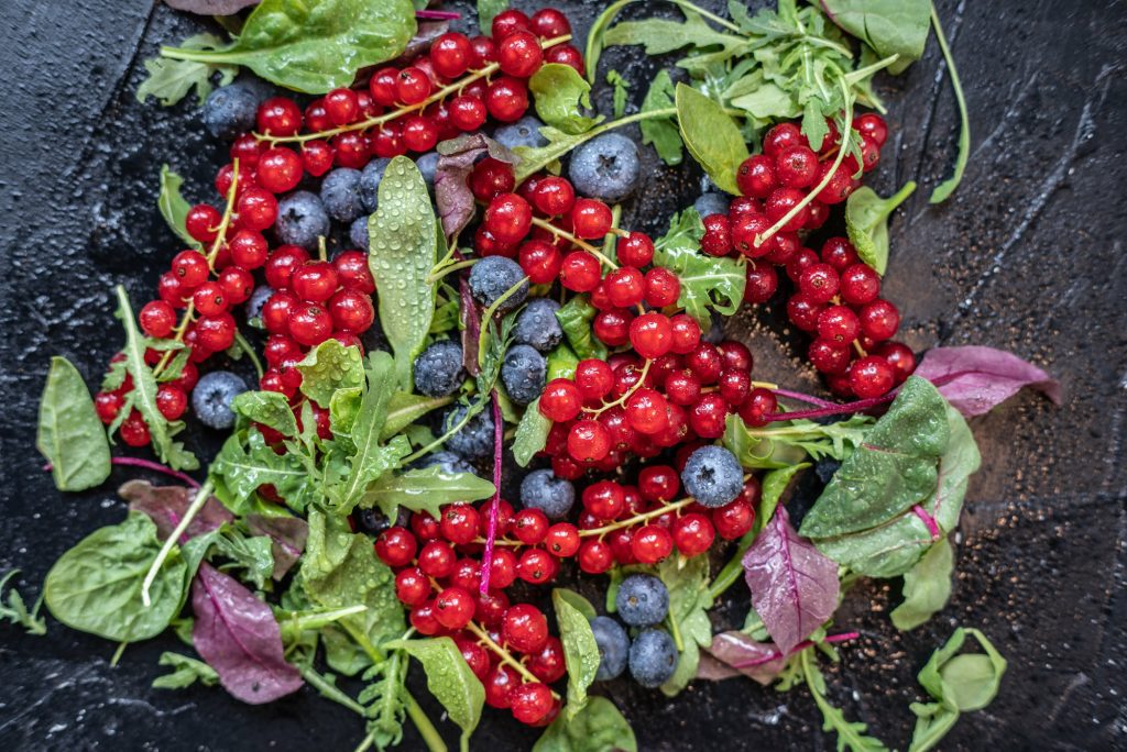 An overhead shot of currants and blueberries.