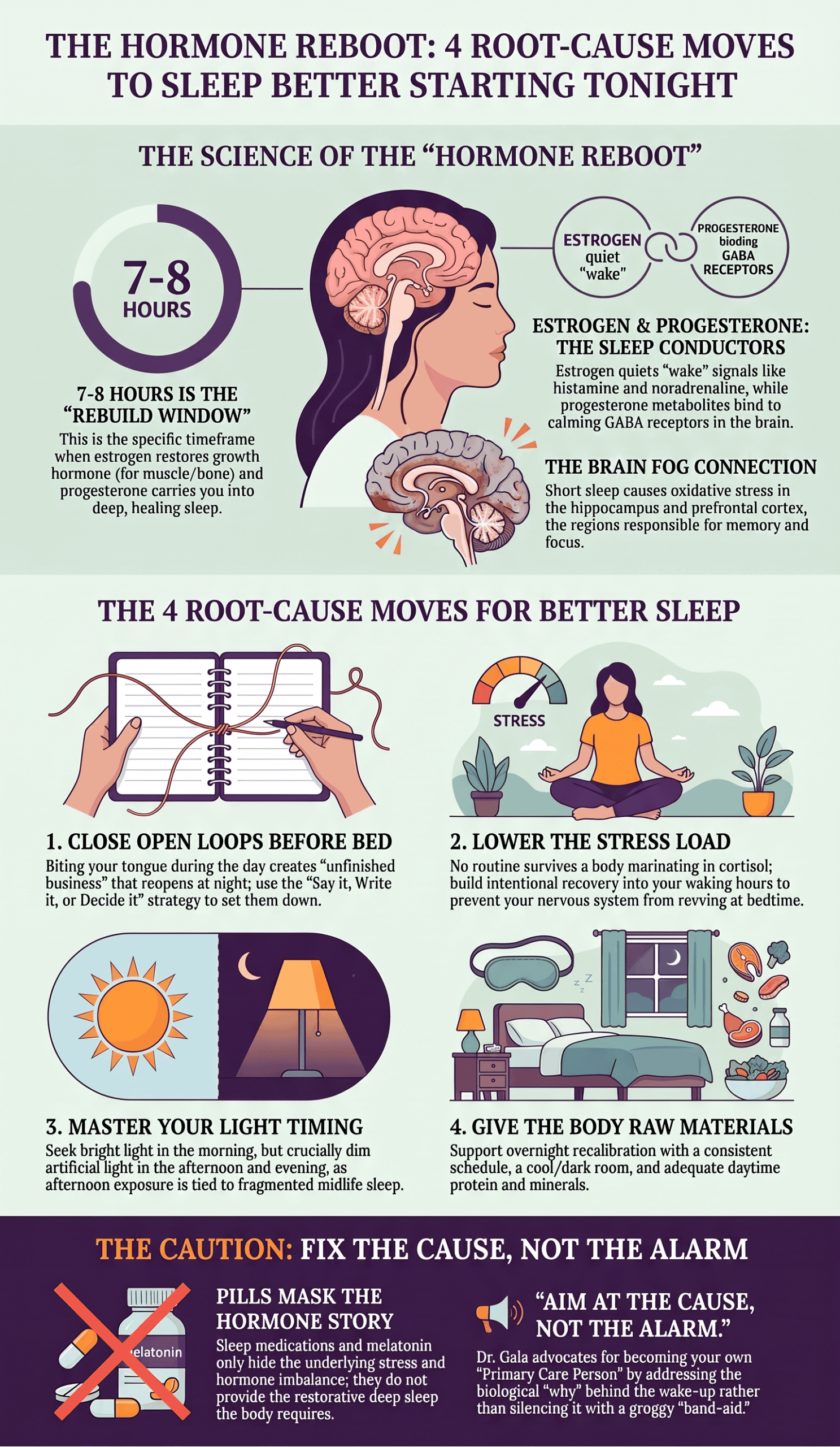 Root-cause solutions for menopause sleep problems. Four key steps are outlined: closing open loops before bed to quiet a racing mind, lowering the daily stress load to improve the balance between cortisol and sleep, managing afternoon and evening light exposure to prevent fragmented rest and sleep debt, and providing the body with raw materials like protein, minerals, and a cool, dark room.