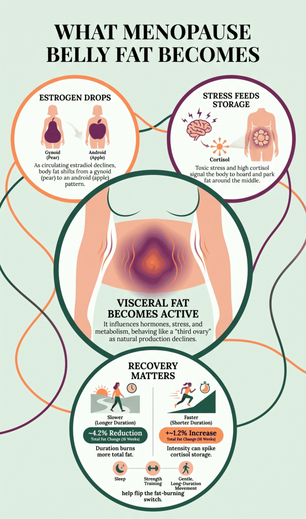 Graphic showing visceral fat after menopause shifting from quiet storage to hormonally active tissue