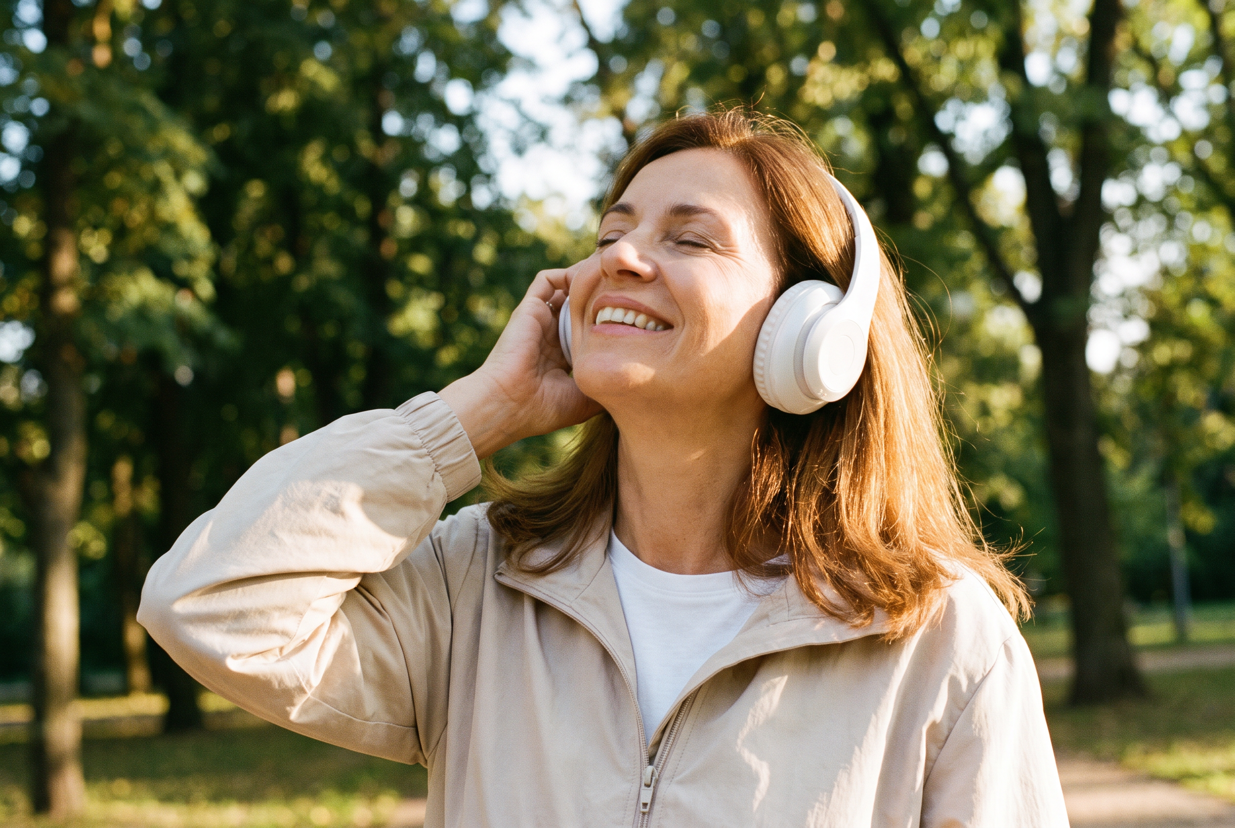 Woman enjoying music outdoors, mindfulness practices supported by healthy vitamin D levels