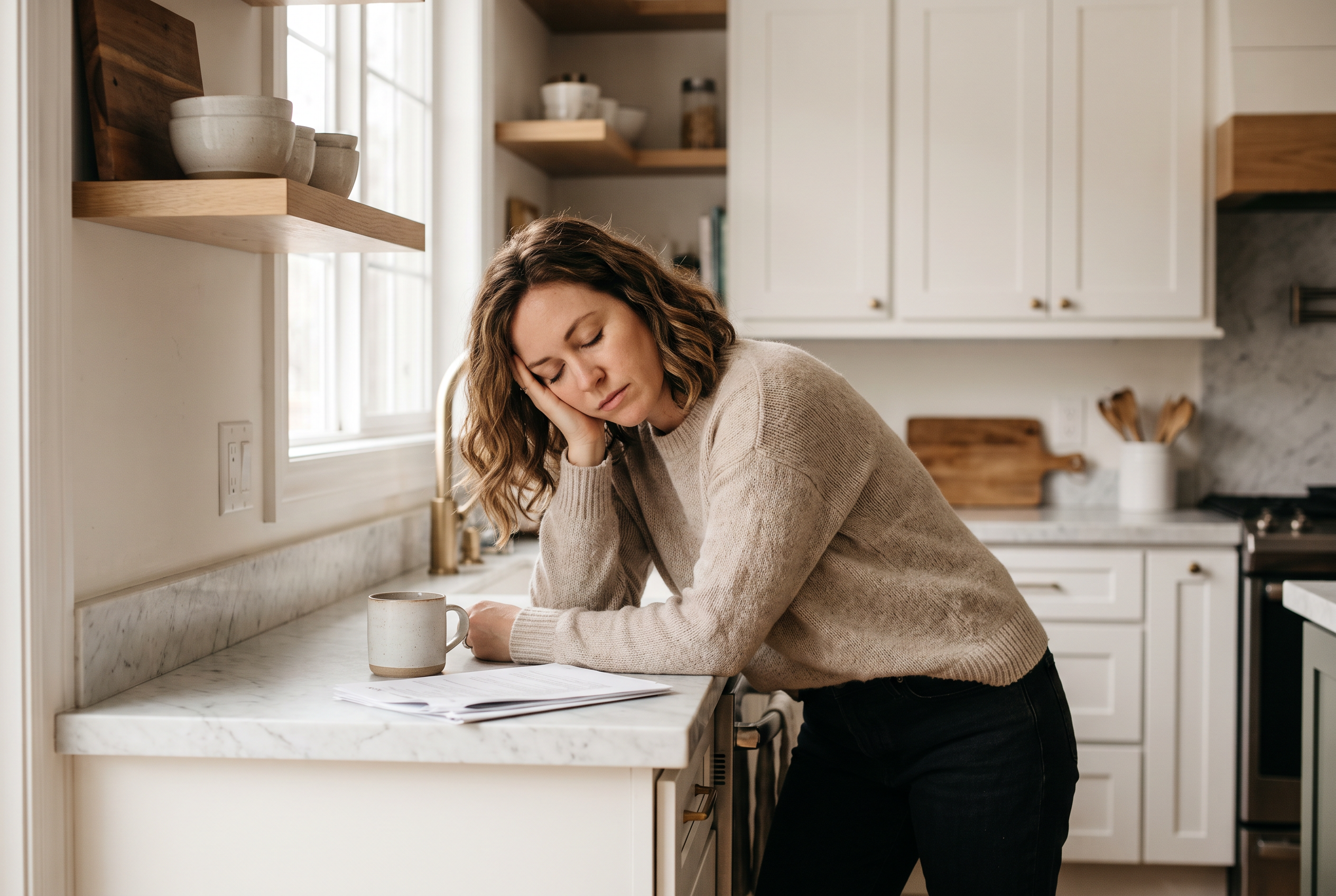 Woman around 50 looking exhausted while leaning on her kitchen counter
