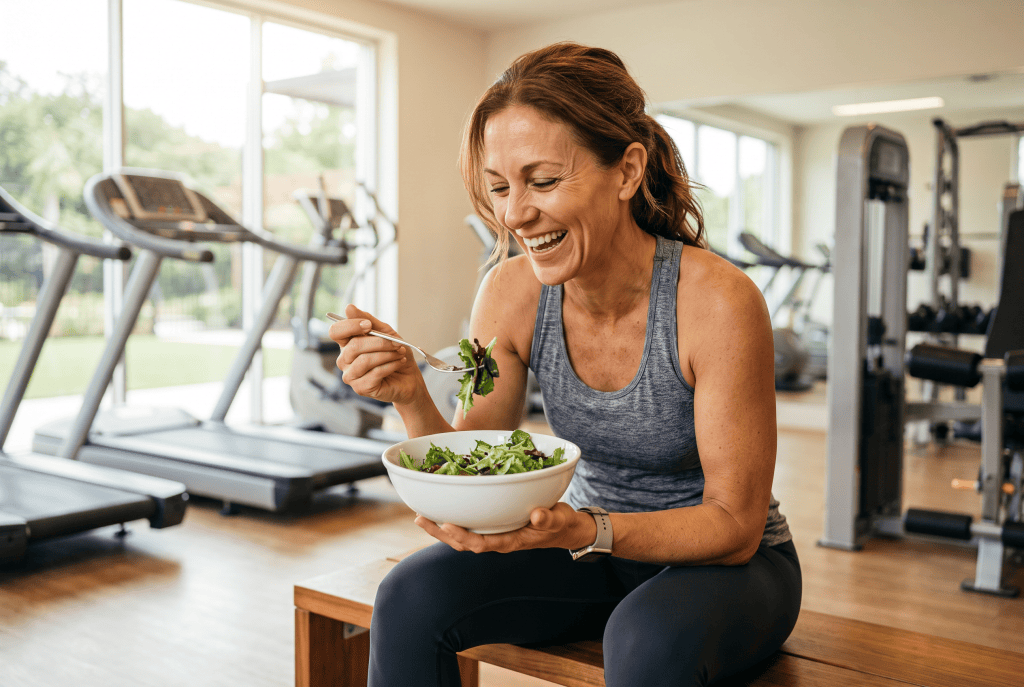 Woman enjoying a healthy salad after a workout